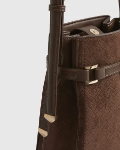 Brown Buckle Top Weave Detail Bucket Bag