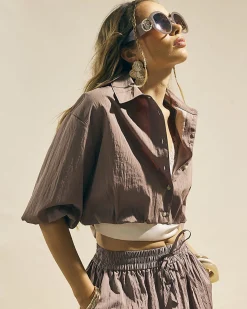 Brown Buttoned Bubble Hem Shirt