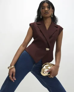 Brown Cap Sleeve Twill Waistcoat