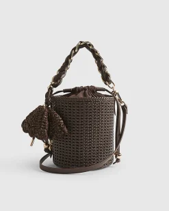Brown Chain Handle Woven Bucket Bag