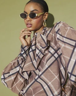 Brown Check Print Pussybow Blouse