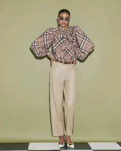 Brown Check Print Pussybow Blouse