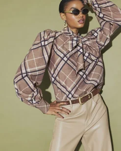 Brown Check Print Pussybow Blouse