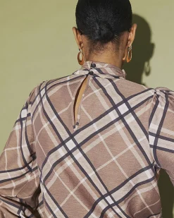 Brown Check Print Pussybow Blouse
