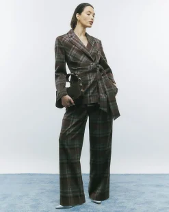 Brown Check Tie Waist Blazer