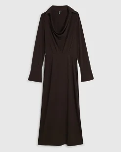 Brown Collared Cowl Neck Midi Dress