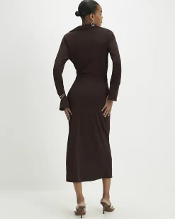 Brown Collared Cowl Neck Midi Dress