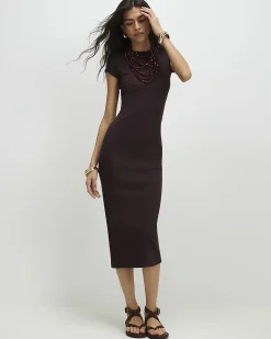 Brown Cotton Blend Cap Sleeve Midi Dress