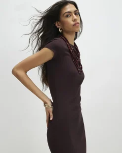 Brown Cotton Blend Cap Sleeve Midi Dress