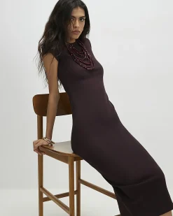 Brown Cotton Blend Cap Sleeve Midi Dress