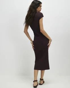Brown Cotton Blend Cap Sleeve Midi Dress