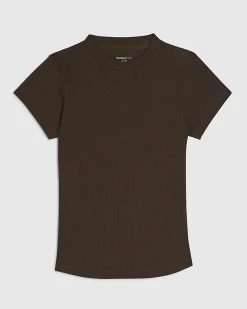 Brown Cotton Blend Fitted Ribbed Top