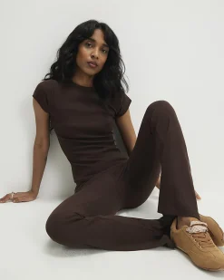 Brown Cotton Blend Fitted Ribbed Top