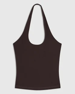 Brown Cotton Blend Halter Neck Tank Top