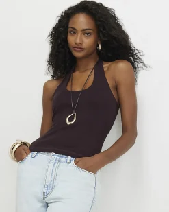 Brown Cotton Blend Halter Neck Tank Top