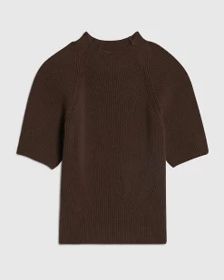 Brown Cotton Blend Knitted Short Sleeve Top