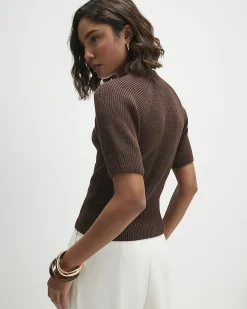 Brown Cotton Blend Knitted Short Sleeve Top