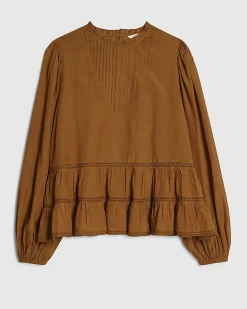 Brown Cotton Blend Lace Detail Smock Top