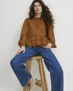 Brown Cotton Blend Lace Detail Smock Top