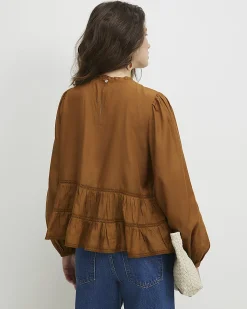 Brown Cotton Blend Lace Detail Smock Top