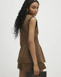 Brown Cotton Blend Military Nipped Waistcoat