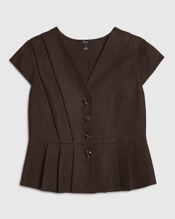 Brown Cotton Blend Pleat Detail Top