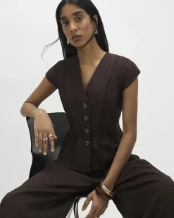 Brown Cotton Blend Pleat Detail Top