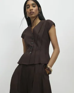 Brown Cotton Blend Pleat Detail Top