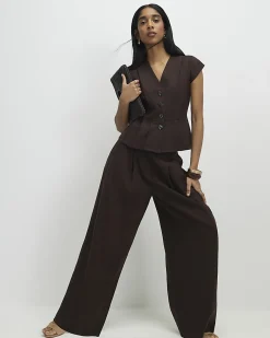 Brown Cotton Blend Pleat Detail Top