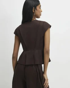Brown Cotton Blend Pleat Detail Top