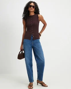 Brown Cotton Blend Popper Tank Top