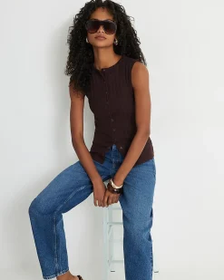 Brown Cotton Blend Popper Tank Top