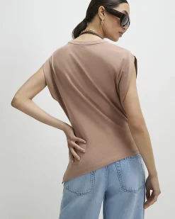 Brown Cotton blend Ruched Side T-shirt