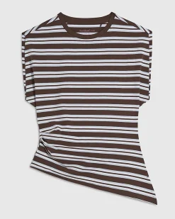 Brown Cotton Blend Ruched Side Stripe T-shirt
