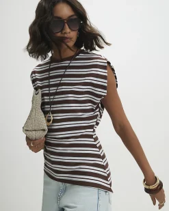 Brown Cotton Blend Ruched Side Stripe T-shirt
