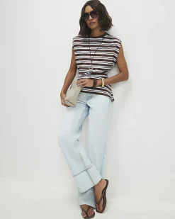 Brown Cotton Blend Ruched Side Stripe T-shirt