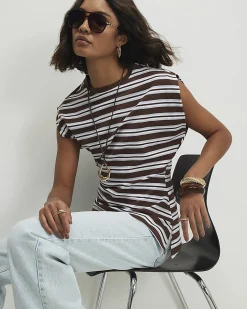 Brown Cotton Blend Ruched Side Stripe T-shirt