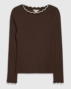 Brown Cotton Blend Scallop Trim Top