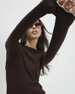 Brown Cotton Blend Scallop Trim Top