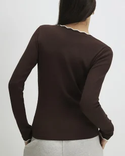 Brown Cotton Blend Scallop Trim Top