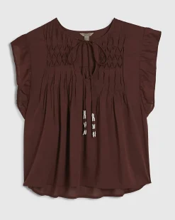 Brown Cotton Blend Shirred Tie Neck Top