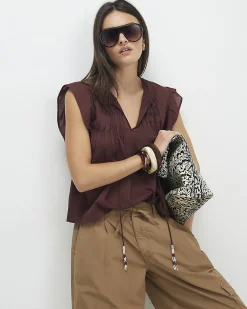 Brown Cotton Blend Shirred Tie Neck Top
