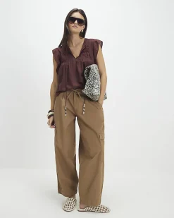 Brown Cotton Blend Shirred Tie Neck Top