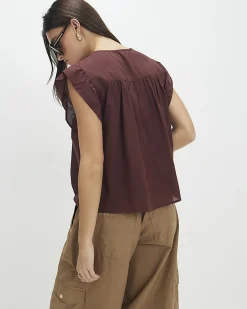 Brown Cotton Blend Shirred Tie Neck Top