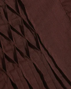 Brown Cotton Blend Shirred Tie Neck Top