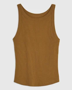 Brown Cotton Blend Sleeveless Ribbed Tank Top