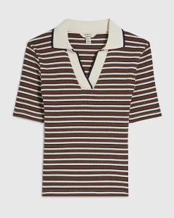 Brown Cotton Blend Striped Polo Top