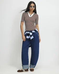 Brown Cotton Blend Striped Polo Top