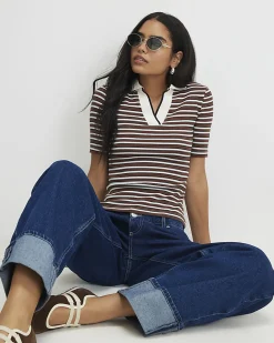 Brown Cotton Blend Striped Polo Top
