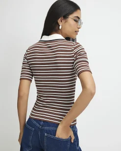 Brown Cotton Blend Striped Polo Top